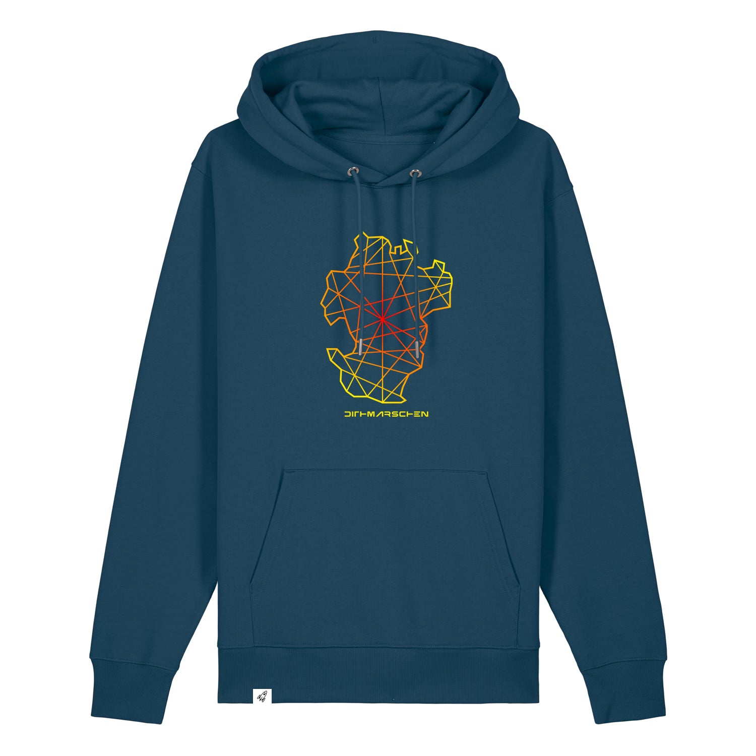 Hoodie Blau. Dithmarschen Aufdruck in rot-gelbem Farbverlauf. Space-Look. Farbe vom Hoodie Deep Teal.