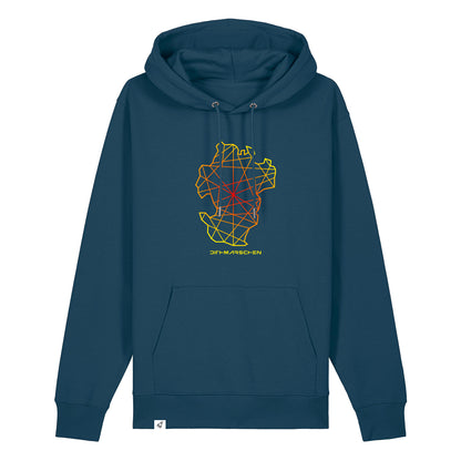 Hoodie Blau. Dithmarschen Aufdruck in rot-gelbem Farbverlauf. Space-Look. Farbe vom Hoodie Deep Teal.