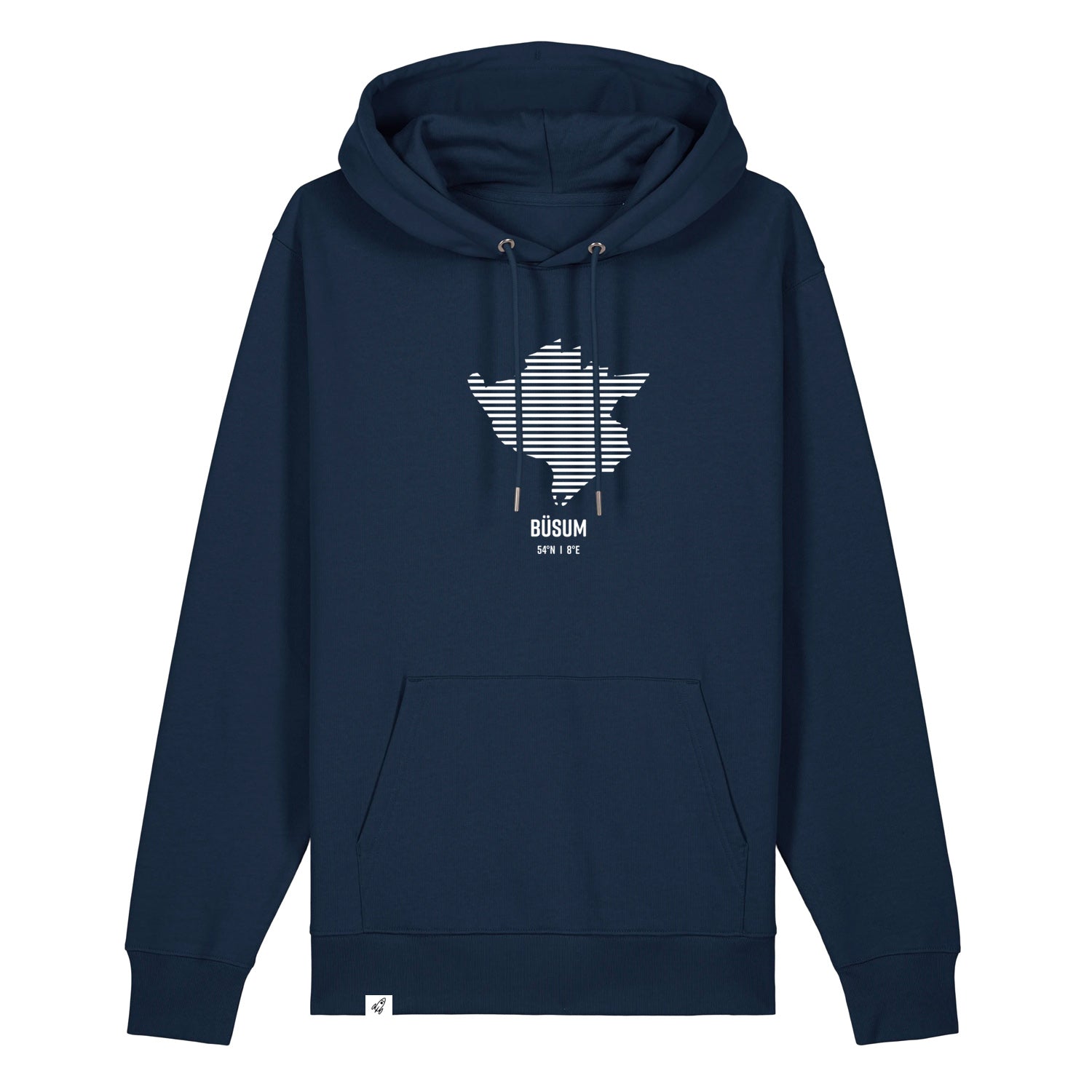 Dunkelblauer Unisex Hoodie mit Kordelzug und Kängurutasche. Auf der Brust ist in weißen Streifen der Umriss von Büsum. Darunter steht Büsum. Die Farbe vom Hoodie heißt French Navy.