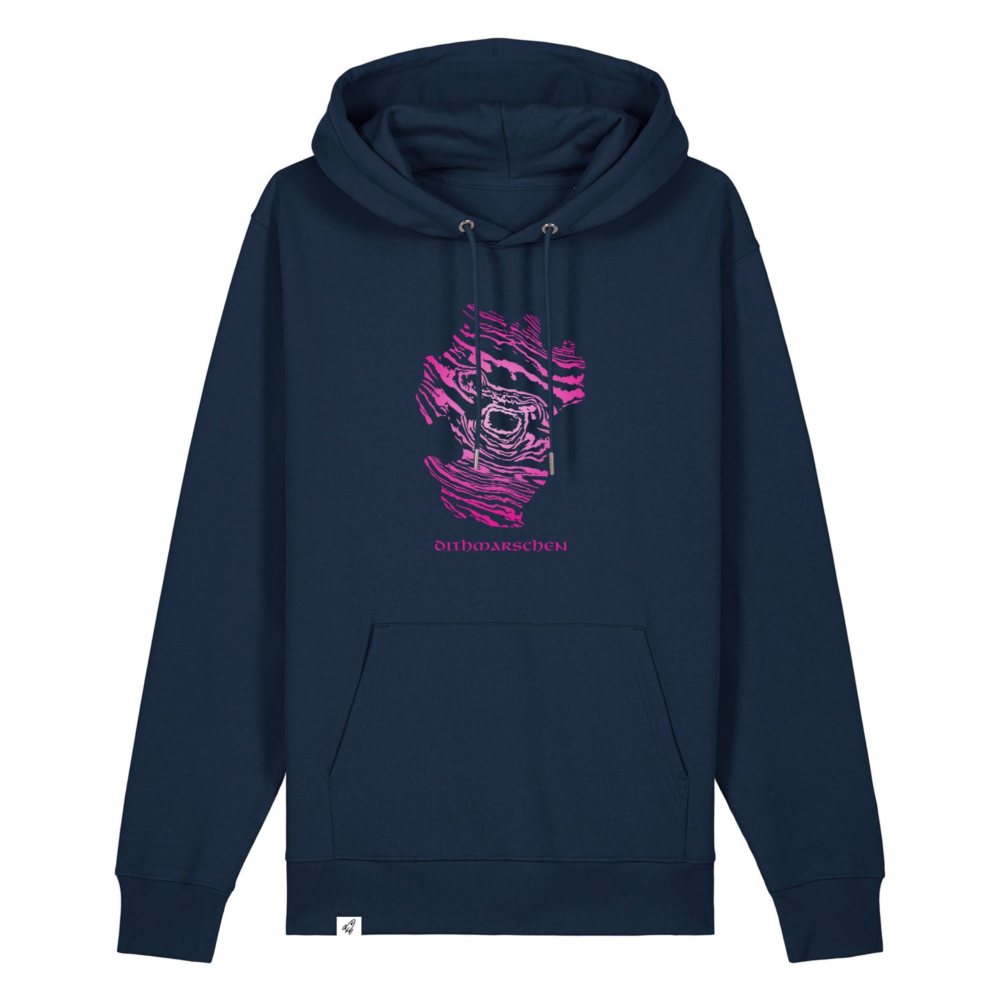 Dunkelblauer Unisex Hoodie mit Kapuze. Auf der Brust ist der Dithmarschen Umriss in einem pinken Damst-Muster. Darunter steht Dithmarschen.