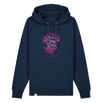 Dunkelblauer Unisex Hoodie mit Kapuze. Auf der Brust ist der Dithmarschen Umriss in einem pinken Damst-Muster. Darunter steht Dithmarschen.