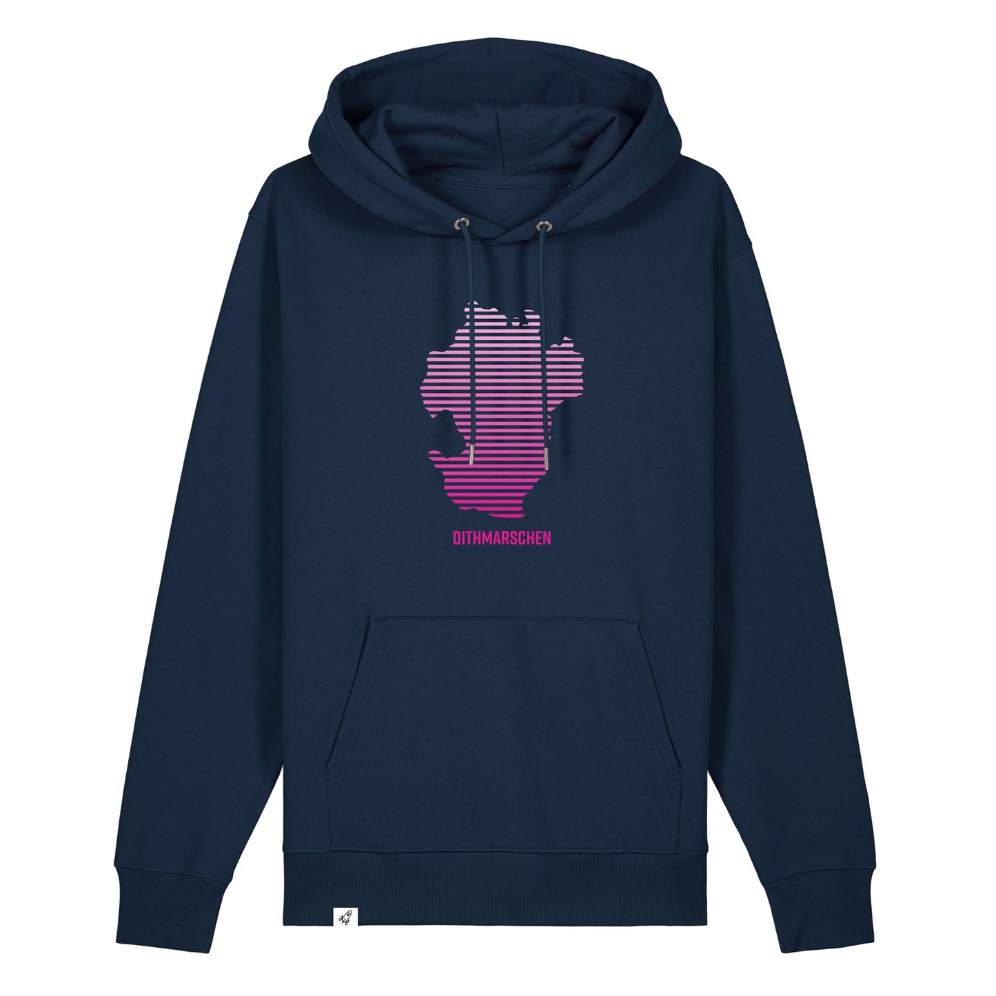 Dunkelblauer Unisex Hoodie mit Kapuze. Auf der Brust ist ein pinker Dithmarschen Aufdruck in Streifen. Unter dem Umriss steht Dithmarschen.
