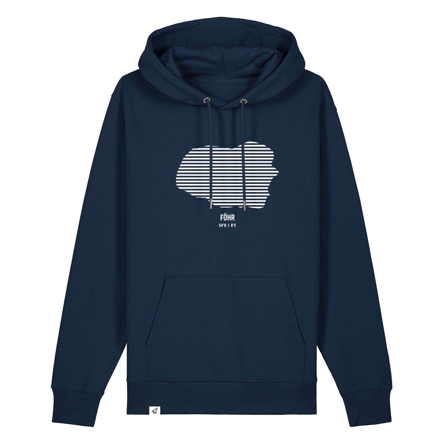 Dunkelblauer Unisex Hoodie mit Kordelzug und Kängurutasche. Auf der Brust ist in weißen Streifen der Umriss von Föhr. Darunter steht Föhr. Die Farbe vom Hoodie heißt French Navy.