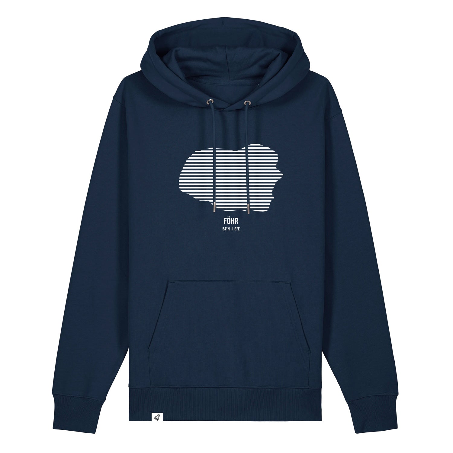 Dunkelblauer Unisex Hoodie mit Kordelzug und Kängurutasche. Auf der Brust ist in weißen Streifen der Umriss von Föhr. Darunter steht Föhr. Die Farbe vom Hoodie heißt French Navy.
