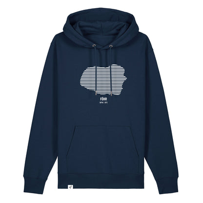Dunkelblauer Unisex Hoodie mit Kordelzug und Kängurutasche. Auf der Brust ist in weißen Streifen der Umriss von Föhr. Darunter steht Föhr. Die Farbe vom Hoodie heißt French Navy.