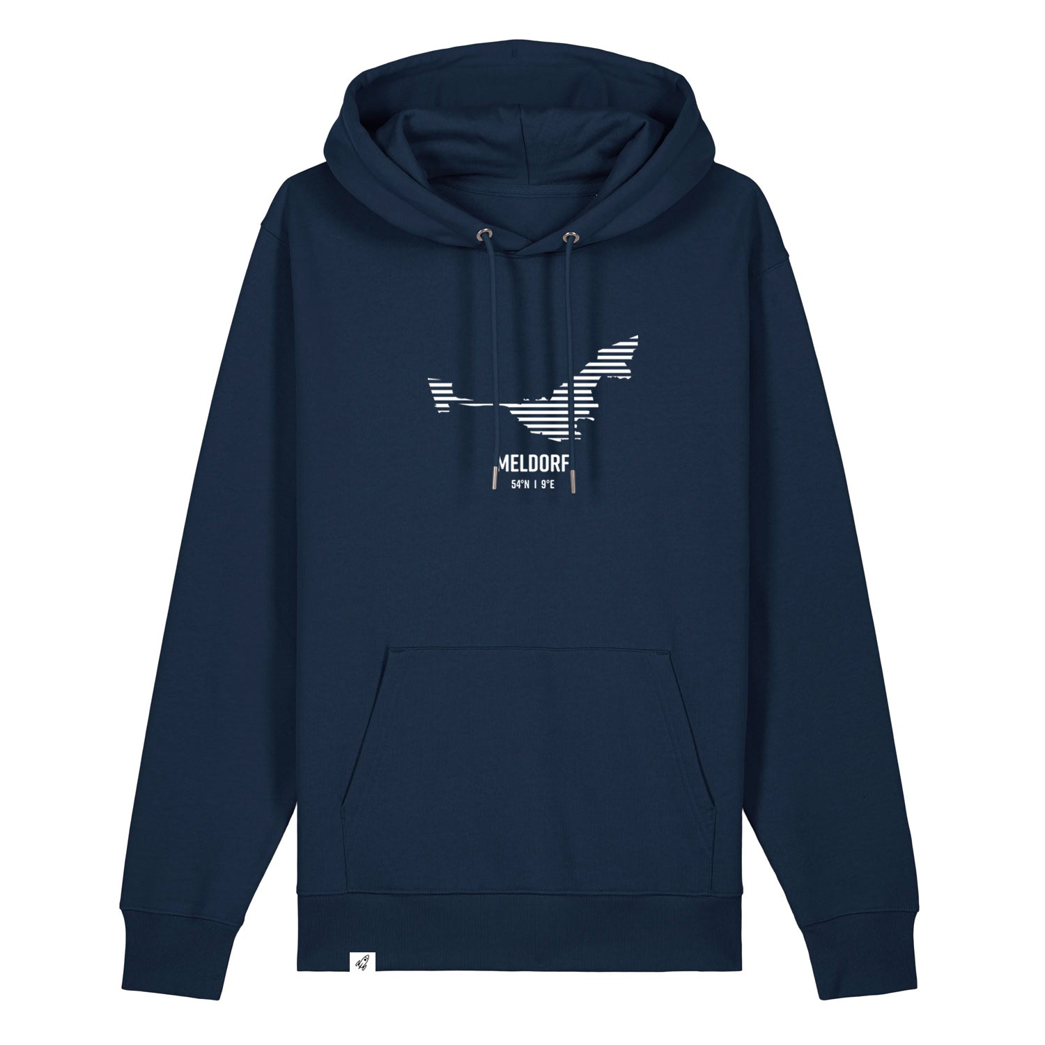 Dunkelblauer Unisex Hoodie mit Kordelzug und Kängurutasche. Auf der Brust ist in weißen Streifen der Umriss von Meldorf. Darunter steht Meldorf. Die Farbe vom Hoodie heißt French Navy.