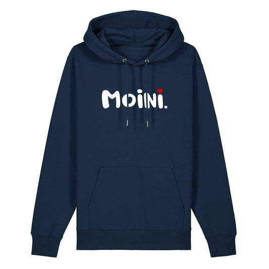 Dunkelblauer Unisex Hoodie mit Kordelzug und Kängurutasche. Auf der Brust ist in weißer Schrift der Aufdruck Moini. Über dem zweiten i ist ein rotes Herz als i-Punkt. Die Farbe vom Hoodie heißt French Navy.