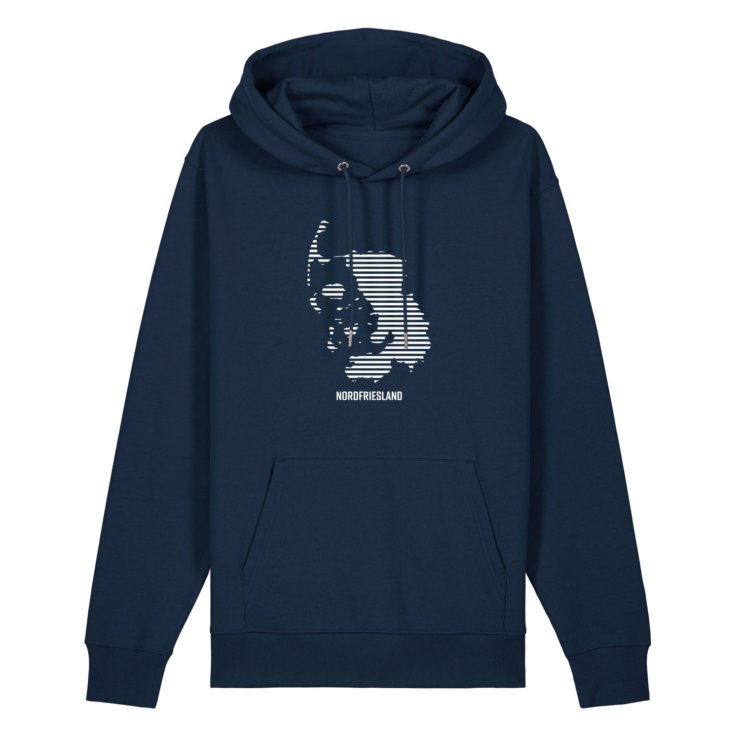 Dunkelblauer Unisex Hoodie mit Kordelzug und Kängurutasche. Auf der Brust ist in weißen Streifen der Umriss von Nordfriesland.