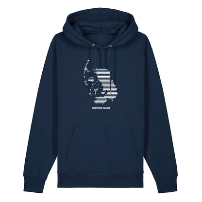 Dunkelblauer Unisex Hoodie mit Kordelzug und Kängurutasche. Auf der Brust ist in weißen Streifen der Umriss von Nordfriesland.