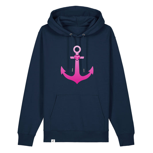 Dunkelblauer Unisex Hoodie aus der Geev Acht op di Kollektion mit Anker Motiv.