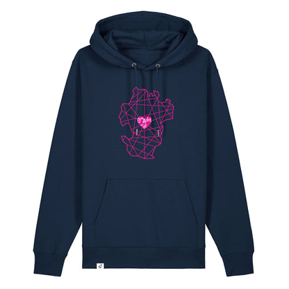 Dunkelblauer Unisex Hoodie aus der Geev Acht op di Kollektion mit Dithmarschen Motiv.