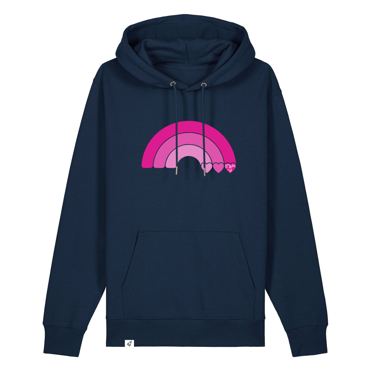 Dunkelblauer Unisex Hoodie aus der Geev Acht op di Kollektion mit Regenbogen Motiv.