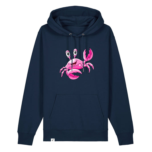 Dunkelblauer Unisex Hoodie aus der Pinktober Kollektion mit Krebs Motiv.
