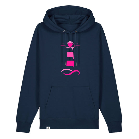 Dunkelblauer Unisex Hoodie aus der Pinktober Kollektion mit Leuchtturm Motiv.