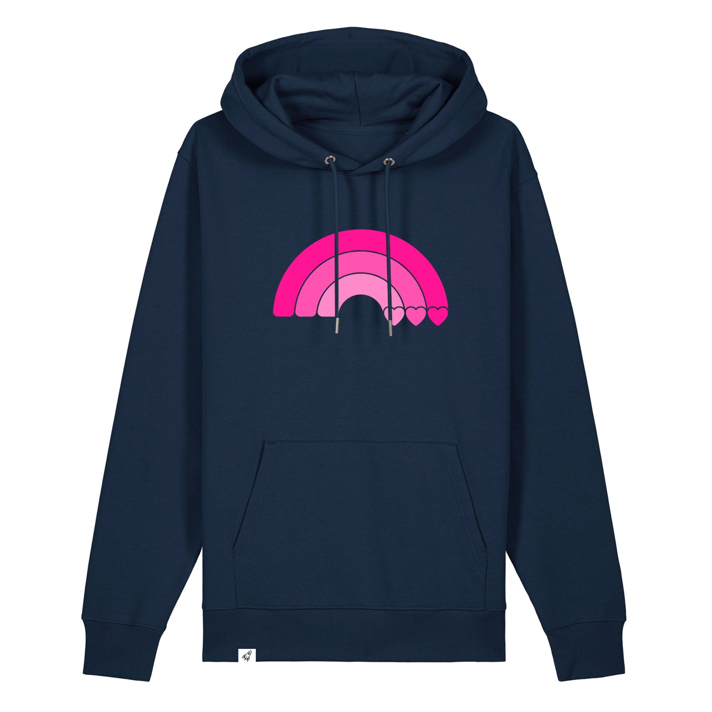 Dunkelblauer Unisex Hoodie aus der Pinktober Kollektion mit Regenbogen Motiv.