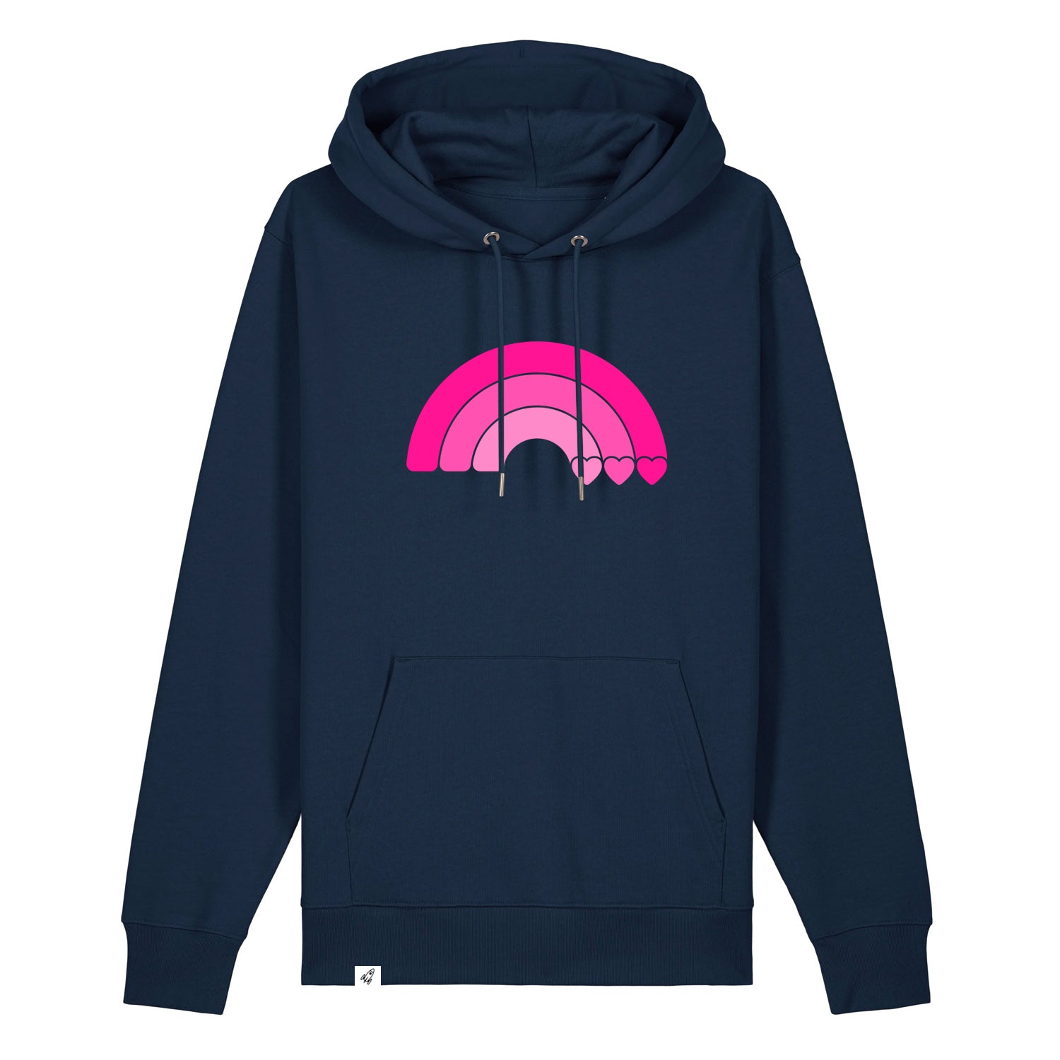 Dunkelblauer Unisex Hoodie aus der Pinktober Kollektion mit Regenbogen Motiv.