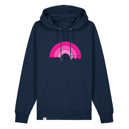 Dunkelblauer Unisex Hoodie aus der Pinktober Kollektion mit Regenbogen Motiv.