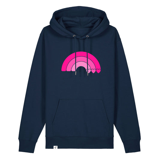 Dunkelblauer Unisex Hoodie aus der Pinktober Kollektion mit Regenbogen Motiv.
