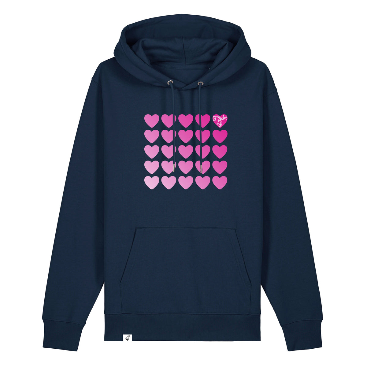 Dunkelblauer Unisex Hoodie aus der Pinktober Kollektion mit Herz Motiv.