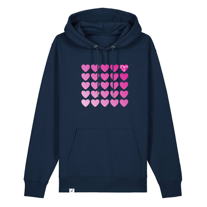 Dunkelblauer Unisex Hoodie aus der Pinktober Kollektion mit Herz Motiv.