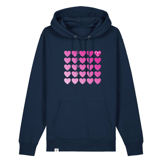 Dunkelblauer Unisex Hoodie aus der Pinktober Kollektion mit Herz Motiv.