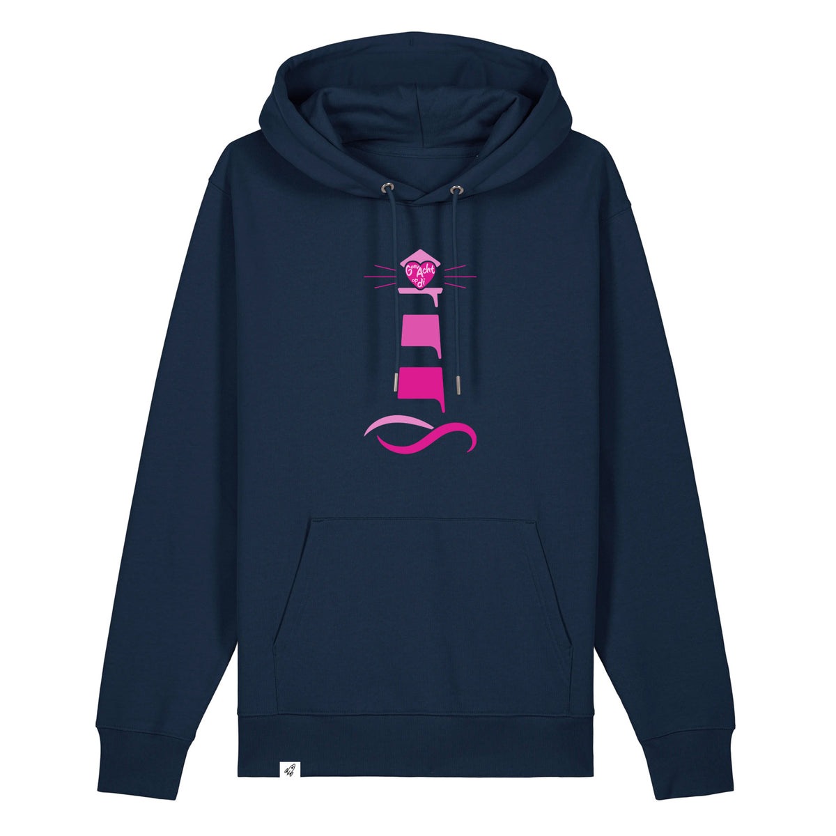 Dunkelblauer Unisex Hoodie aus der Pinktober Kollektion mit Leuchtturm Motiv.