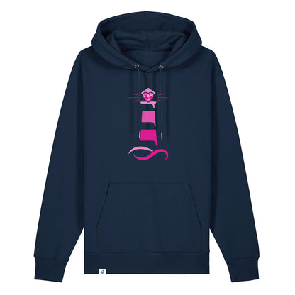 Dunkelblauer Unisex Hoodie aus der Pinktober Kollektion mit Leuchtturm Motiv.