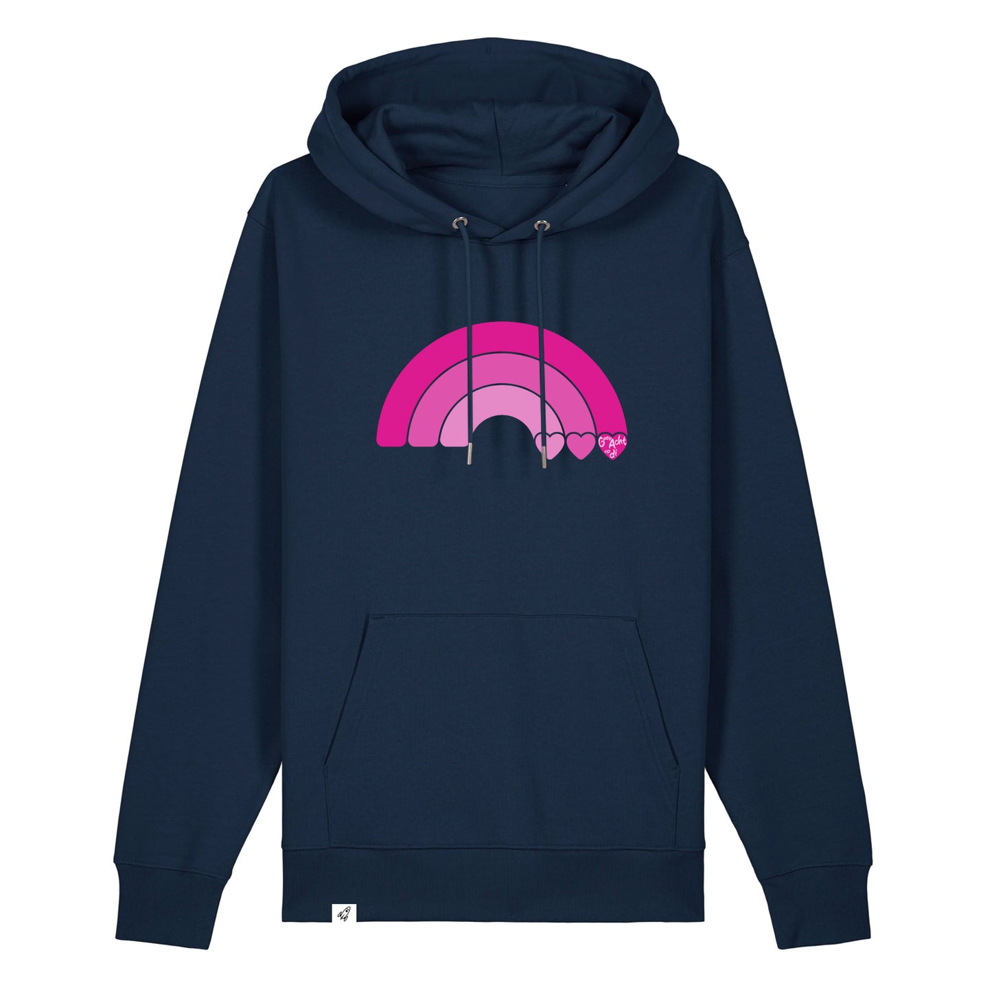Dunkelblauer Unisex Hoodie aus der Pinktober Kollektion mit Regenbogen Motiv.