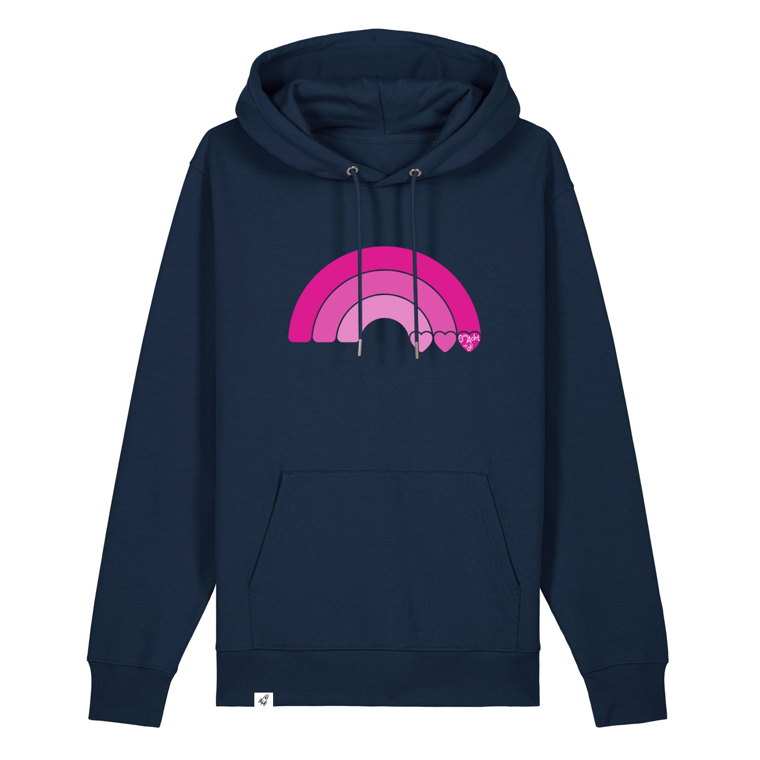 Dunkelblauer Unisex Hoodie aus der Pinktober Kollektion mit Regenbogen Motiv.