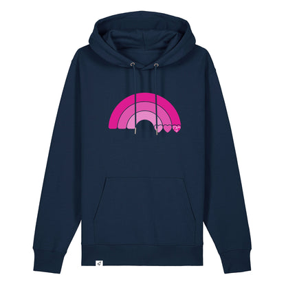 Dunkelblauer Unisex Hoodie aus der Pinktober Kollektion mit Regenbogen Motiv.