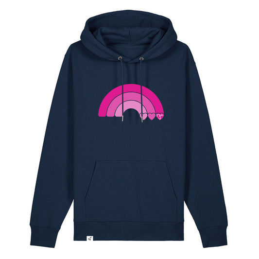 Dunkelblauer Unisex Hoodie aus der Pinktober Kollektion mit Regenbogen Motiv.