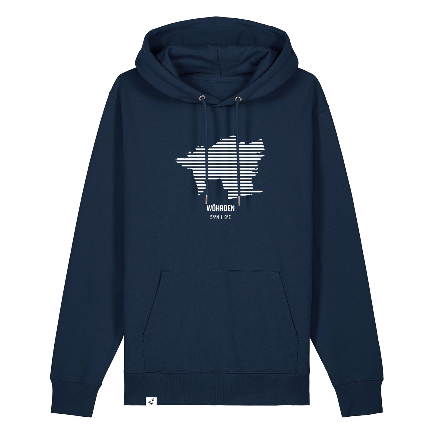 Dunkelblauer Unisex Hoodie mit Kordelzug und Kängurutasche. Auf der Brust ist in weißen Streifen der Umriss von Wöhrden. Darunter steht Wöhrden. Die Farbe vom Hoodie heißt French Navy.