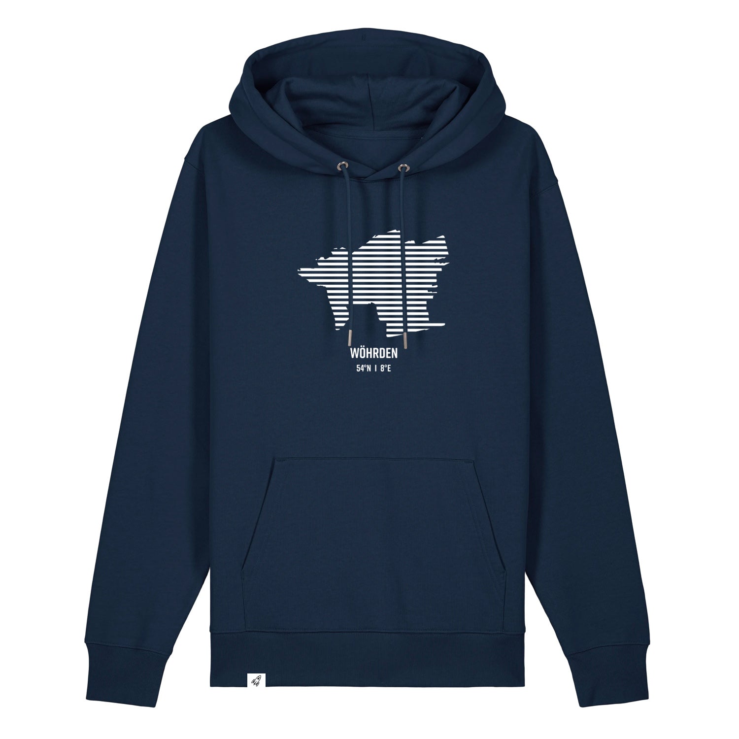 Dunkelblauer Unisex Hoodie mit Kordelzug und Kängurutasche. Auf der Brust ist in weißen Streifen der Umriss von Wöhrden. Darunter steht Wöhrden. Die Farbe vom Hoodie heißt French Navy.
