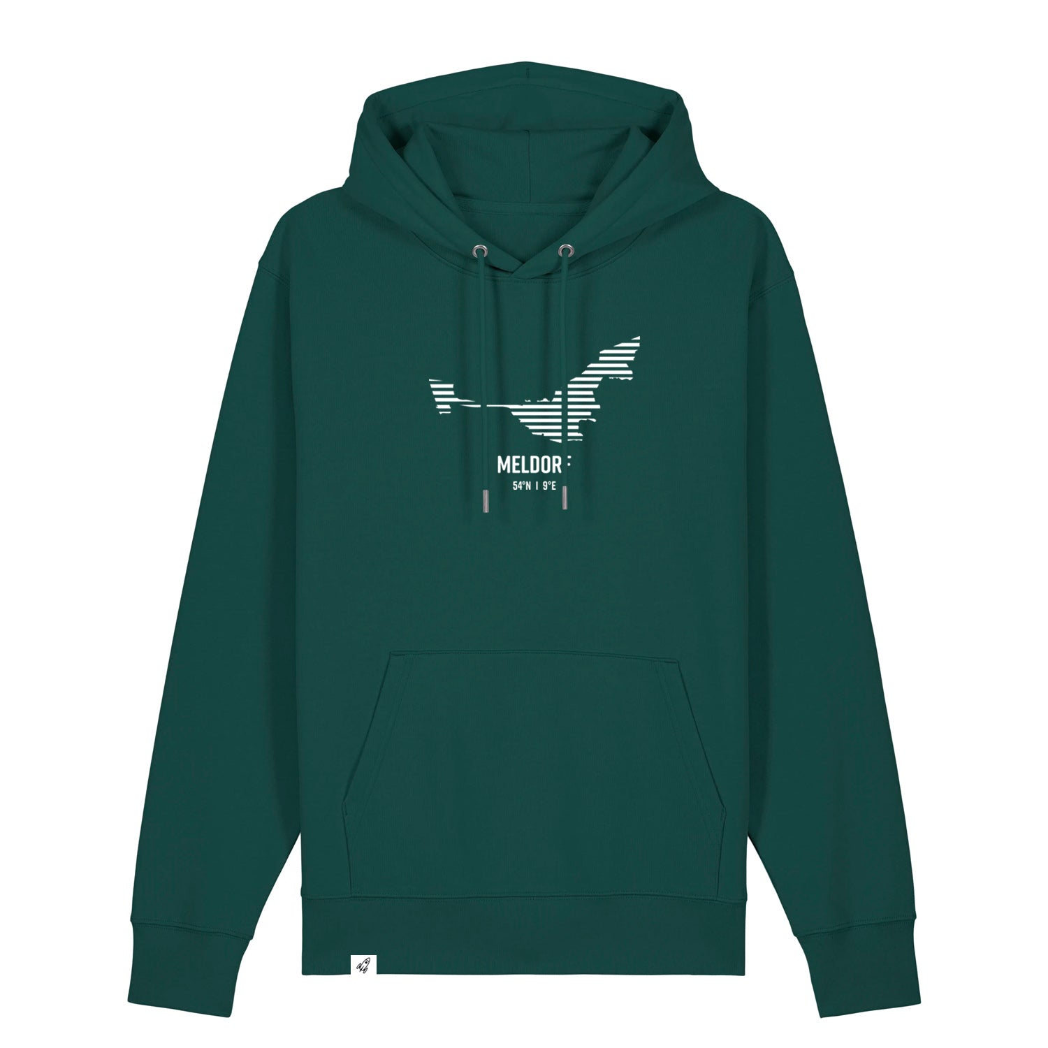 Dunkelgrüner Unisex Hoodie mit Kordelzug und Kängurutasche. Auf der Brust ist in weißen Streifen der Umriss von Meldorf. Darunter steht Meldorf. Die Farbe vom Hoodie heißt Glazed Green.