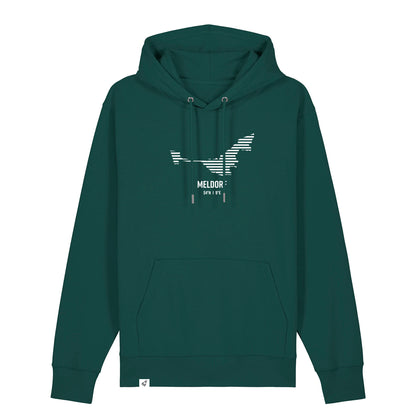 Dunkelgrüner Unisex Hoodie mit Kordelzug und Kängurutasche. Auf der Brust ist in weißen Streifen der Umriss von Meldorf. Darunter steht Meldorf. Die Farbe vom Hoodie heißt Glazed Green.