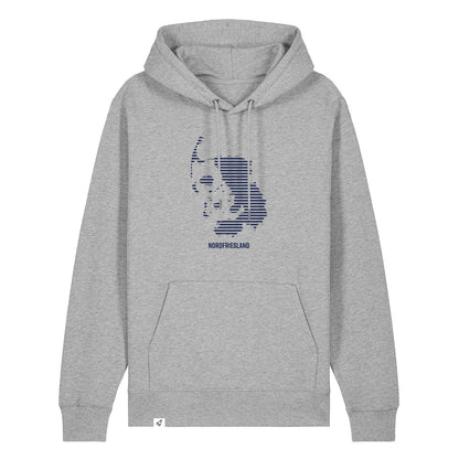Grauer Unisex Hoodie mit Kordelzug und Kängurutasche. Auf der Brust ist in blauen Streifen der Umriss von Nordfriesland.