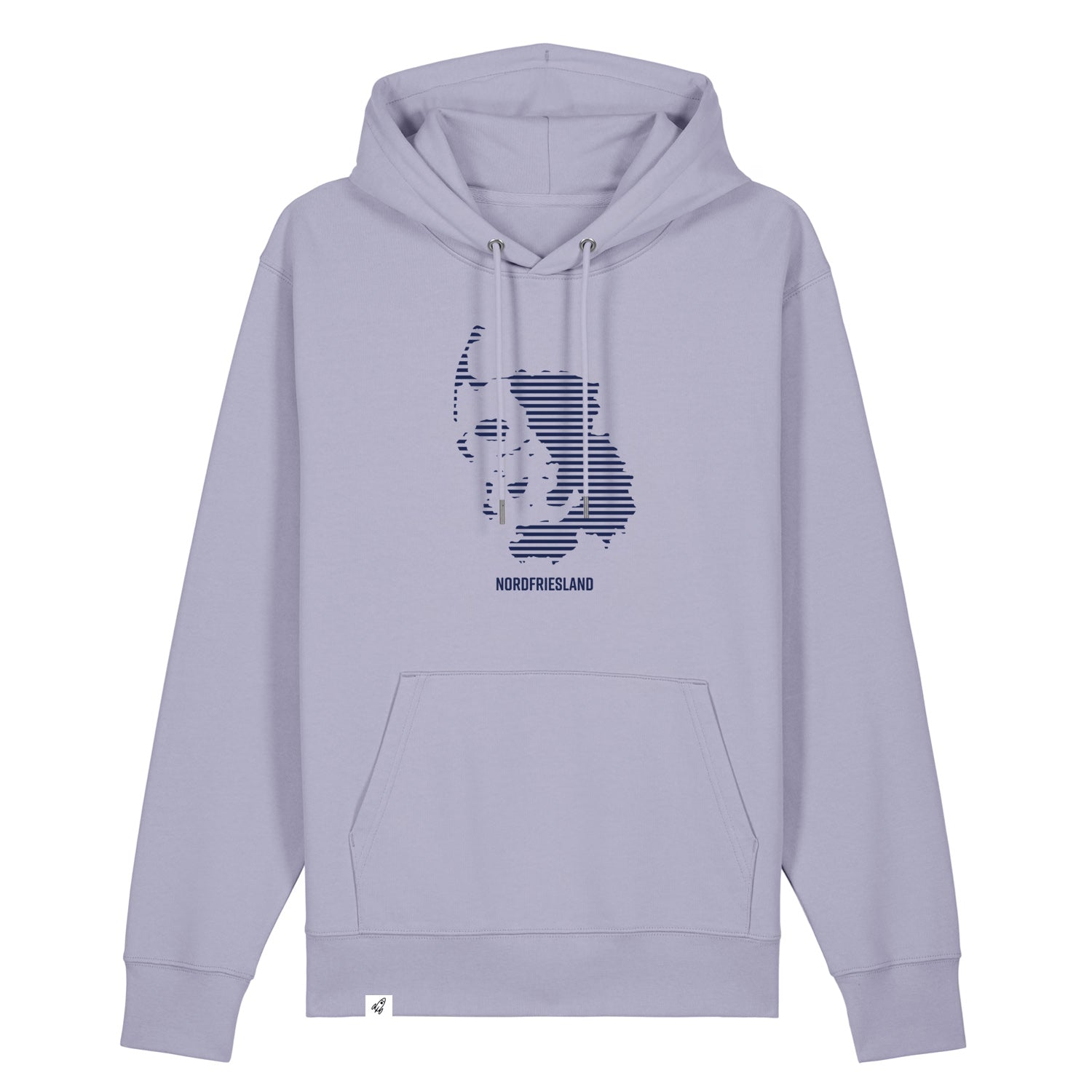Fliederfarbiger Unisex Hoodie mit Kordelzug und Kängurutasche. Auf der Brust ist in blauen Streifen der Umriss von Nordfriesland.
