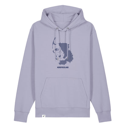 Fliederfarbiger Unisex Hoodie mit Kordelzug und Kängurutasche. Auf der Brust ist in blauen Streifen der Umriss von Nordfriesland.