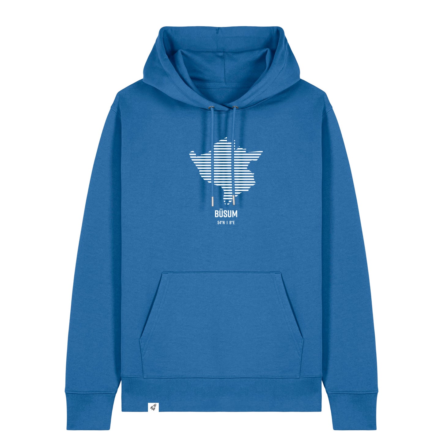 Blauer Unisex Hoodie mit Kordelzug und Kängurutasche. Auf der Brust ist in weißen Streifen der Umriss von Büsum. Darunter steht Büsum. Die Farbe vom Hoodie heißt Mindful Blue.