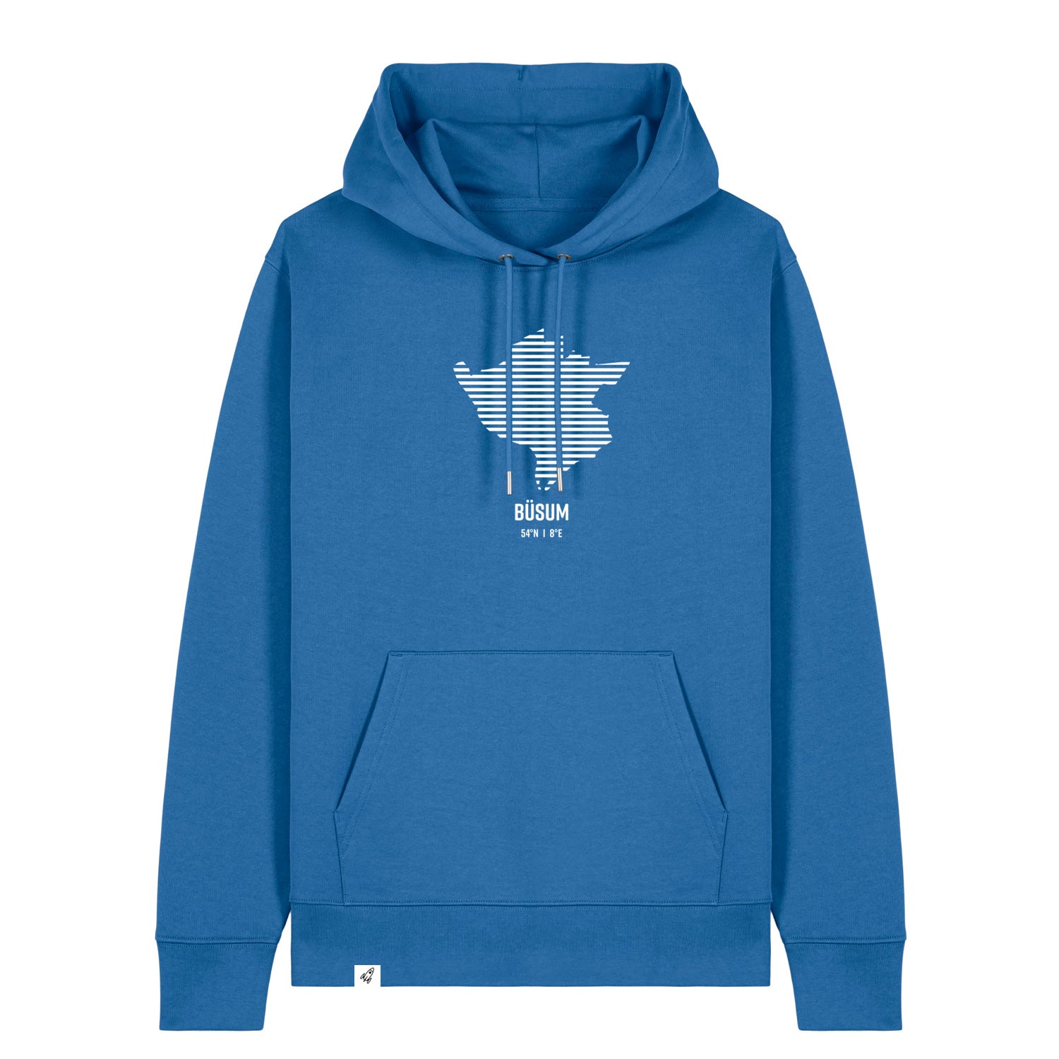 Blauer Unisex Hoodie mit Kordelzug und Kängurutasche. Auf der Brust ist in weißen Streifen der Umriss von Büsum. Darunter steht Büsum. Die Farbe vom Hoodie heißt Mindful Blue.