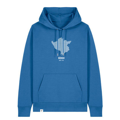 Blauer Unisex Hoodie mit Kordelzug und Kängurutasche. Auf der Brust ist in weißen Streifen der Umriss von Büsum. Darunter steht Büsum. Die Farbe vom Hoodie heißt Mindful Blue.