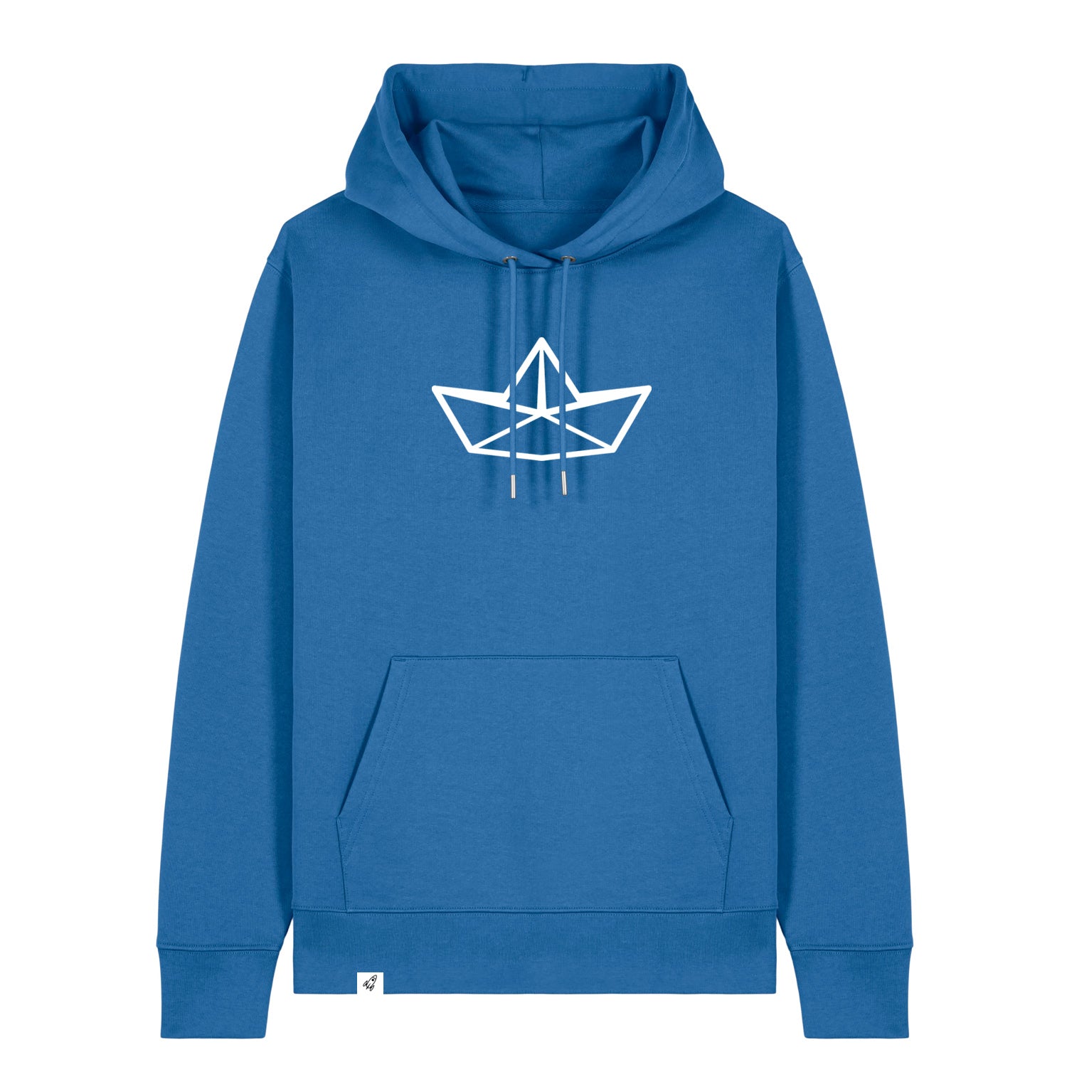 Blauer Unisex Hoodie mit Kordelzug und Kängerutasche. Auf der Brust ist in weiß die Grafik eines Faltbootes. Die Farbe vom Hoodie heißt Mindful Blue.