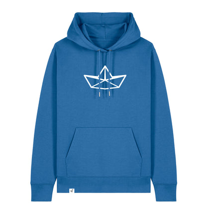 Blauer Unisex Hoodie mit Kordelzug und Kängerutasche. Auf der Brust ist in weiß die Grafik eines Faltbootes. Die Farbe vom Hoodie heißt Mindful Blue.