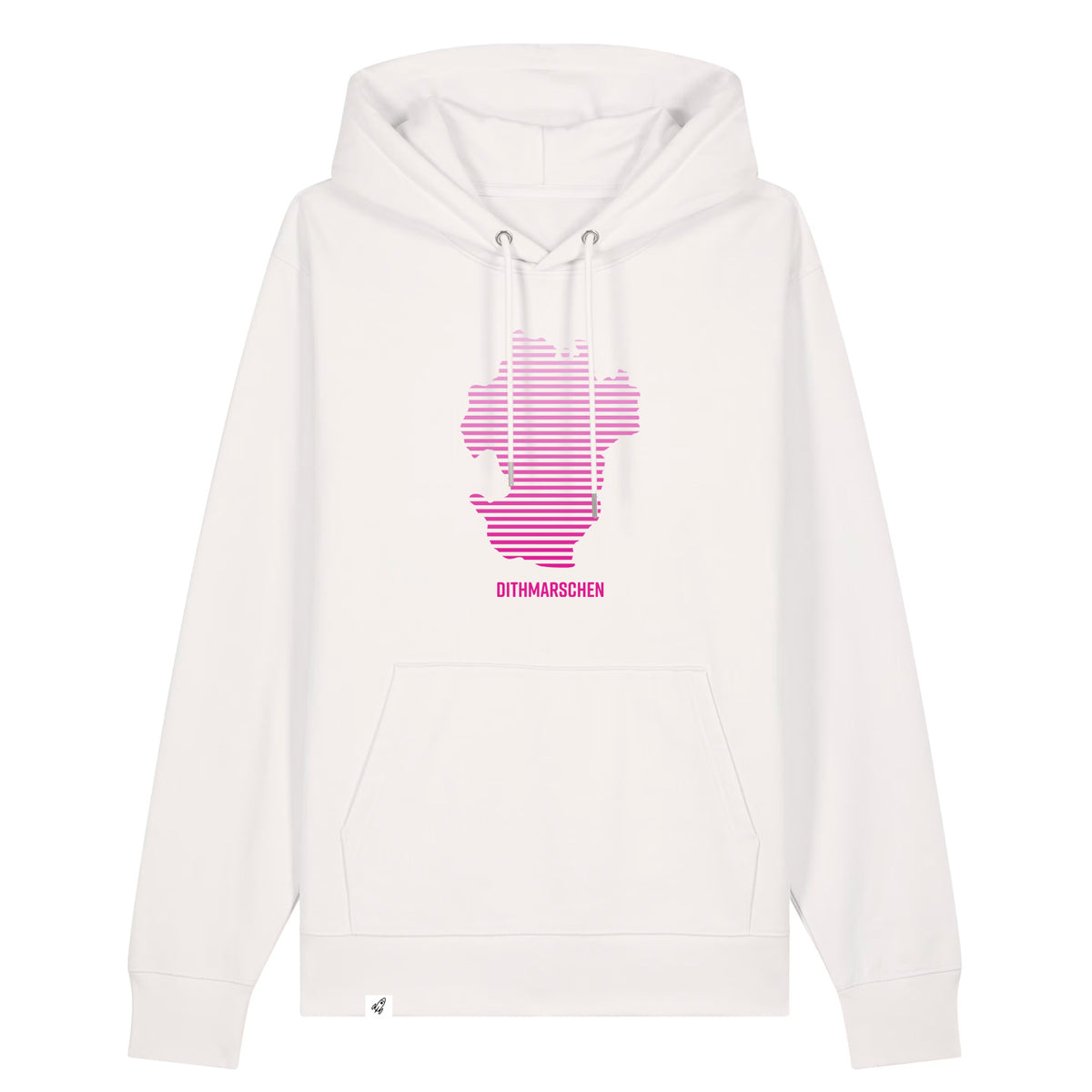 Altweißer Unisex Hoodie mit Kapuze. Auf der Brust ist ein pinker Dithmarschen Aufdruck in Streifen. Unter dem Umriss steht Dithmarschen.
