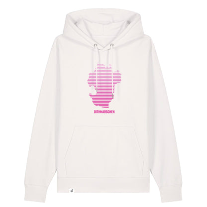 Altweißer Unisex Hoodie mit Kapuze. Auf der Brust ist ein pinker Dithmarschen Aufdruck in Streifen. Unter dem Umriss steht Dithmarschen.