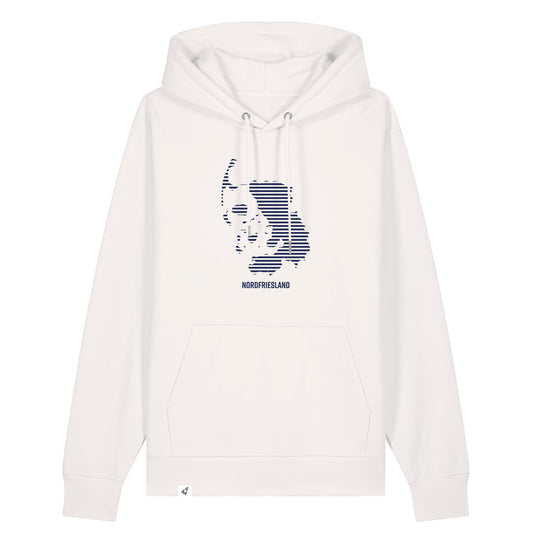 Altweißer Unisex Hoodie mit Kordelzug und Kängurutasche. Auf der Brust ist in blauen Streifen der Umriss von Nordfriesland.