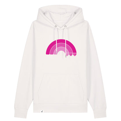 Weißer Unisex Hoodie aus der Geev Acht op di Kollektion mit Regenbogen Motiv.