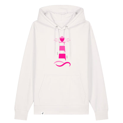 Altweißer Unisex Hoodie aus der Pinktober Kollektion mit Leuchtturm Motiv.