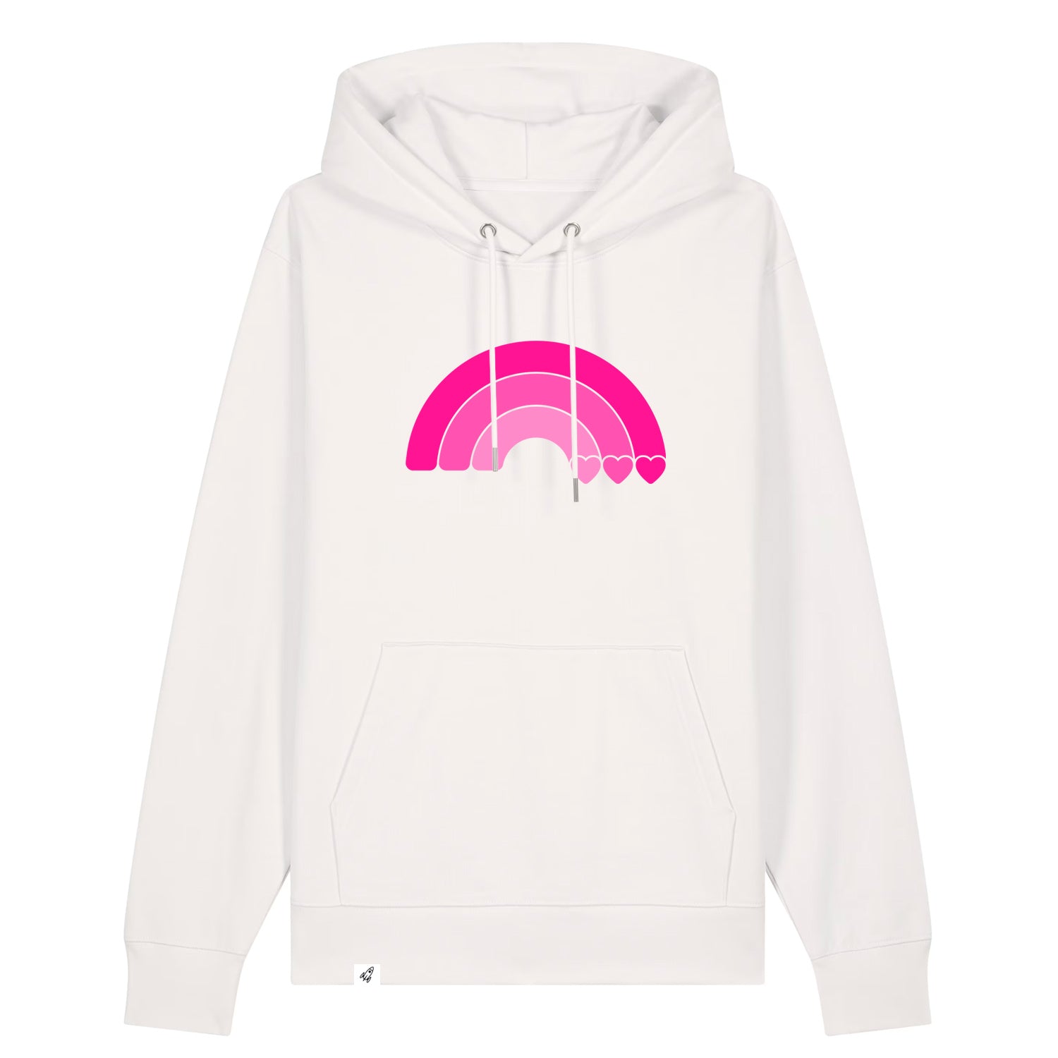 Altweißer Unisex Hoodie aus der Pinktober Kollektion mit Regenbogen Motiv.