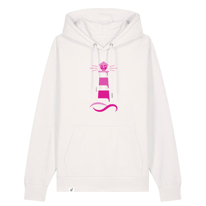 Altweißer Unisex Hoodie aus der Pinktober Kollektion mit Leuchtturm Motiv.